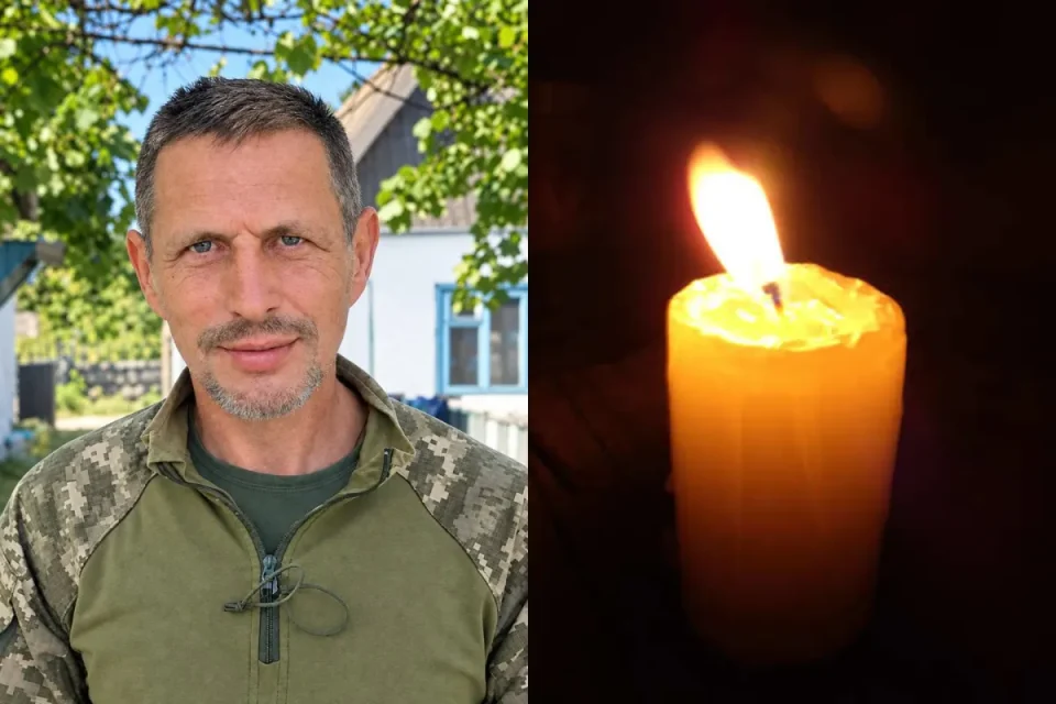 Портрет чоловіка в камуфляжі біля сільського будинку та запалена свічка